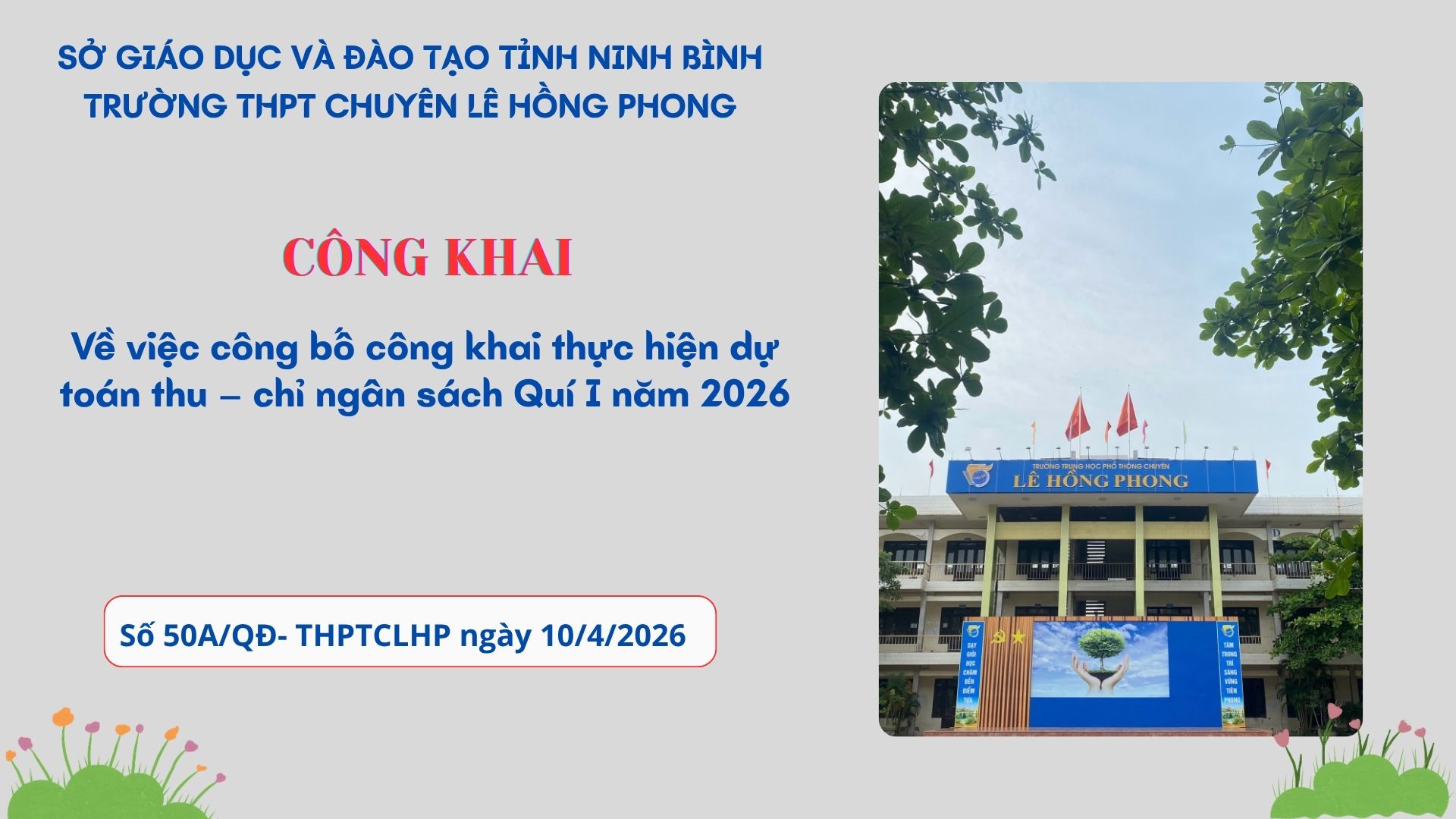 Thông báo công khai thực hiện dự toán thu - chi ngân sách quý I năm 2026